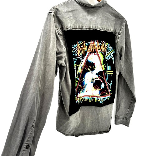 Lucky Brand Def Leppard Shirt Mens Medium Gray Button Up Long Sleeve Denim - Picture 6 of 7