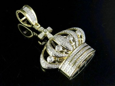 14K Yellow Gold Plated Mens Lab Created Diamond Cluster Crown Pendant 2Ct 2.25''