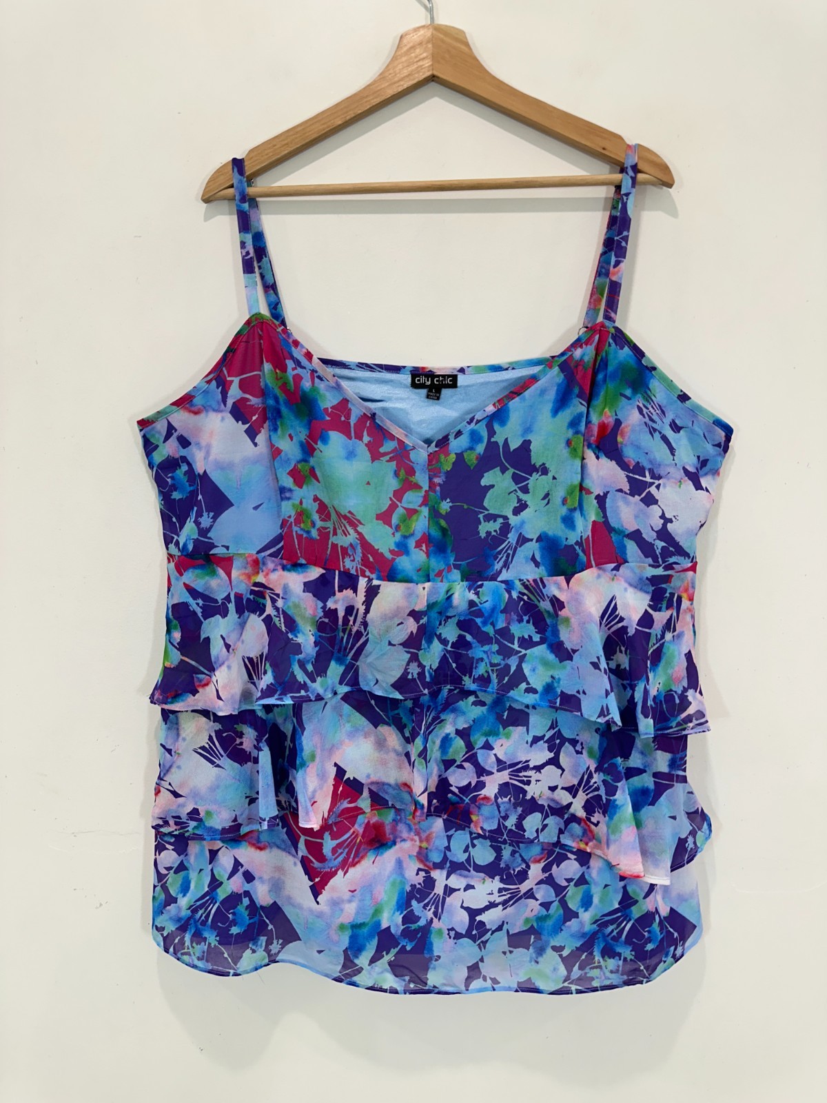 City Chic Top Women L Blue Floral Adjustable Straps Lined Layered