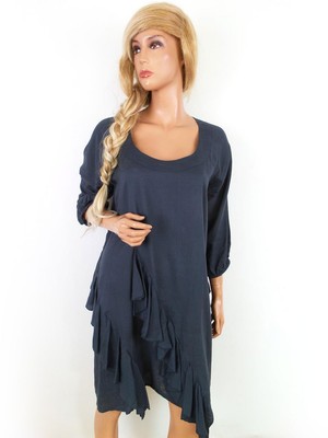 Monrow  Größe L Marineblau Knielang Shift Kleid Baumwolle Manche 3/4 Asymmetrisc