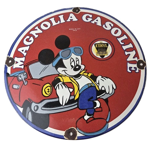 Vintage Magnolia Gasoline Sign - Mickey Mouse Gas Motor Oil Pump Porcelain Sign
