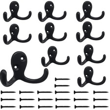 10 PCS Wall Hooks Mounted Coat Hanger Heavy Duty Black Double Prong