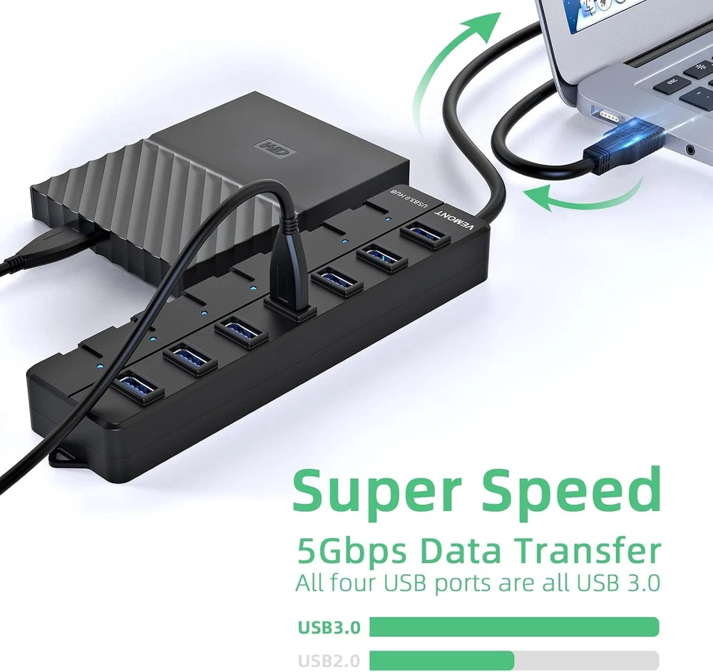 7-Port USB 3.0 Hub with Individual Switches - Black by VEMONT