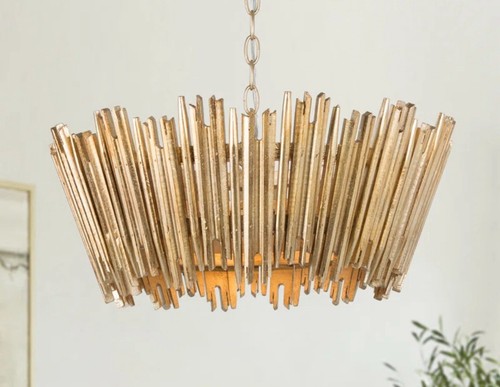 Brutalist Modern Gold Gilt Wood Drum Island Chandelier Light, 3-Light Chandelier