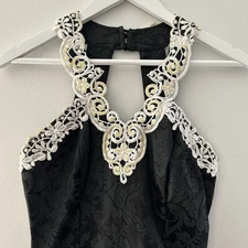 Vtg Jessica McClintock Gunne Sax Dress 9/10 Black Brocade Crochet Halter 90s Y2k