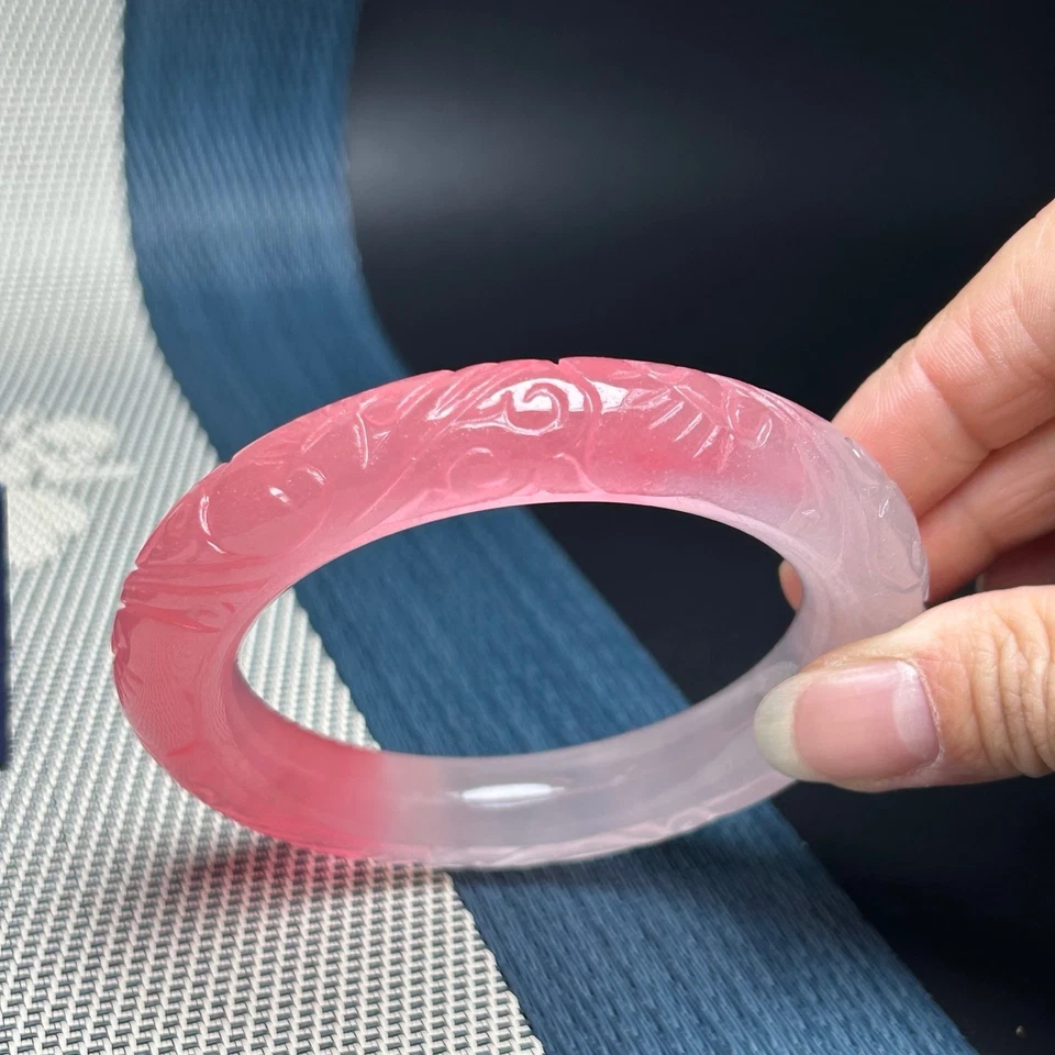 Vintage Natural Grade AAA Ice Pink Jade jadeite carved Ruyi bracelet bangle 62mm - Image 4 of 4