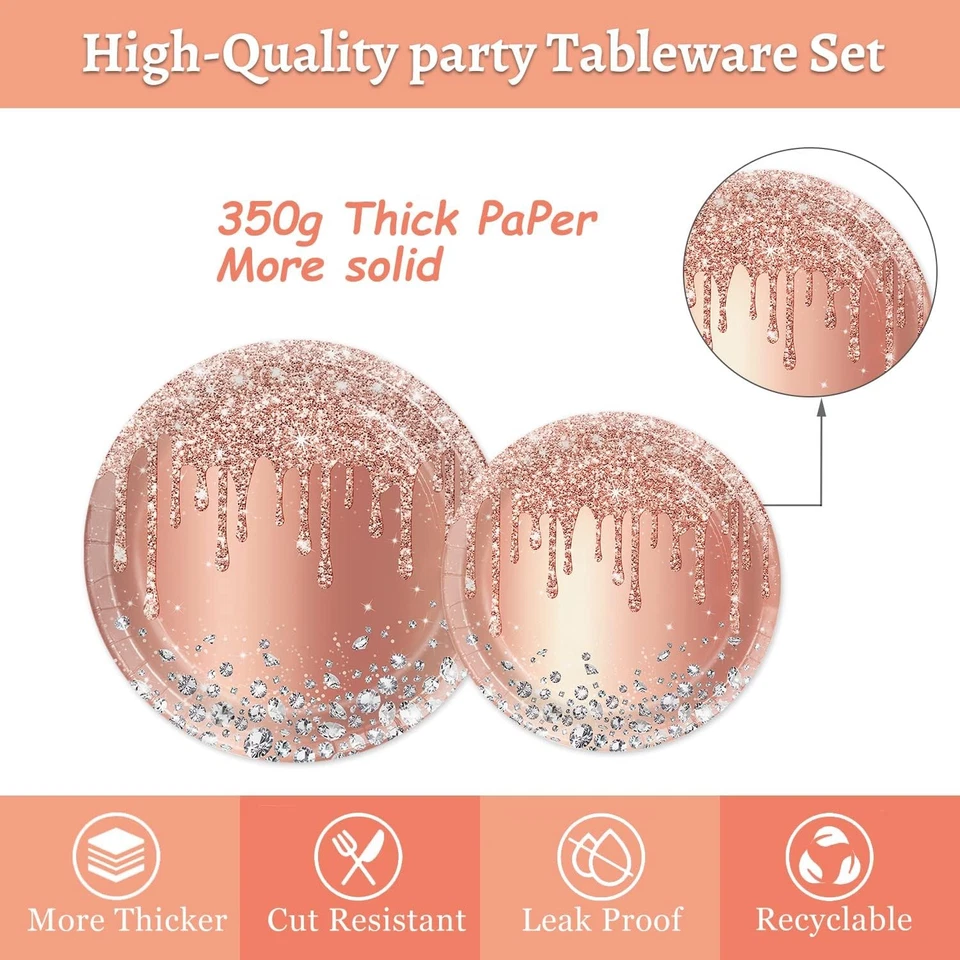 Rose Gold Party Plates and Napkins Set - Pink Decorations, Diamond Theme Supp... - Image 4 of 4