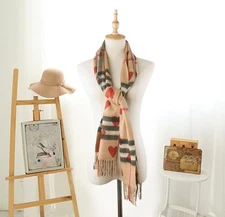 SCARF BURBERRY 100% CASHMERE AUTHENTIC BLACK BEIGE RED HEART CLASSIC LOGO CAMEL