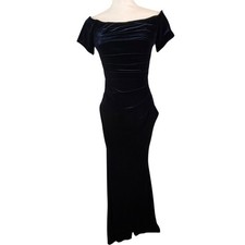 Xscape Womens Stretch Velvet Gown Off Shoulder Ruched Navy Size 4 Old Money