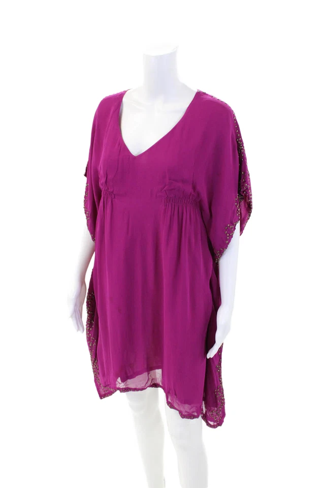 Antik Batik Womens Beaded Textured V Neck Short Sleeved Draped Dress Pink Size S Foto 2 de 4