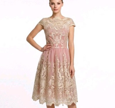 Chi Chi London Rosa Gold Spitze Ballkleid UK 8/10 Bardot Schulterfrei Tüll Midi