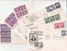 1954-55 LOT OF 6 US FDC&rsquo;s REGULAR ISSUE STAMPS W/ PLATE BLOCKS/STRIPS OF STAMPS