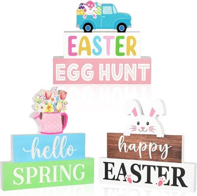 3 Pcs Easter Decorations for Home Wooden Bunny Table Sign Hello Spring Tables Ce