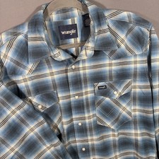 Wrangler Shirt Brushpopper Pearl Snap Large Blue Western Cowboy Vintage Plaid