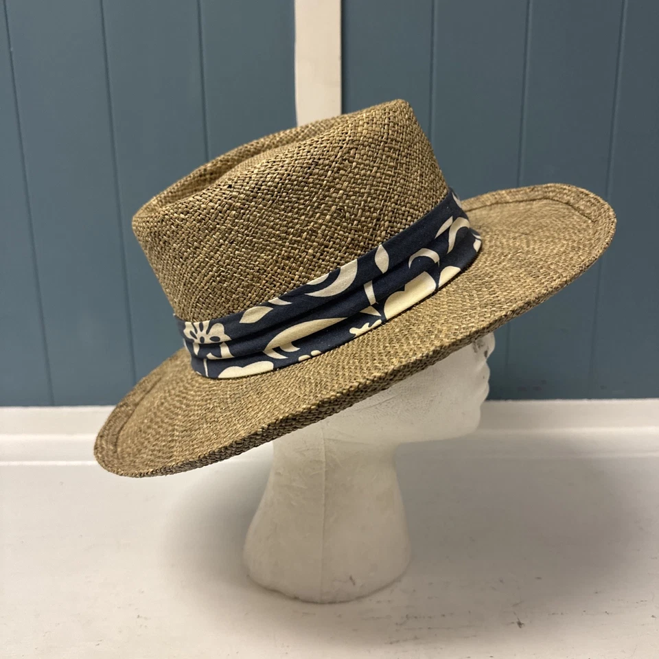 Sombrero de Paja Clásico Cambridge De Colección Con Estampado Floral Azul Hawaiano Talla M Foto 4 de 4