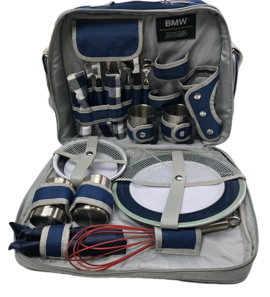 Bolso de hombro BMW vintage con juego de picnic refrigerador aislado seccional azul y gris Foto 2 de 4