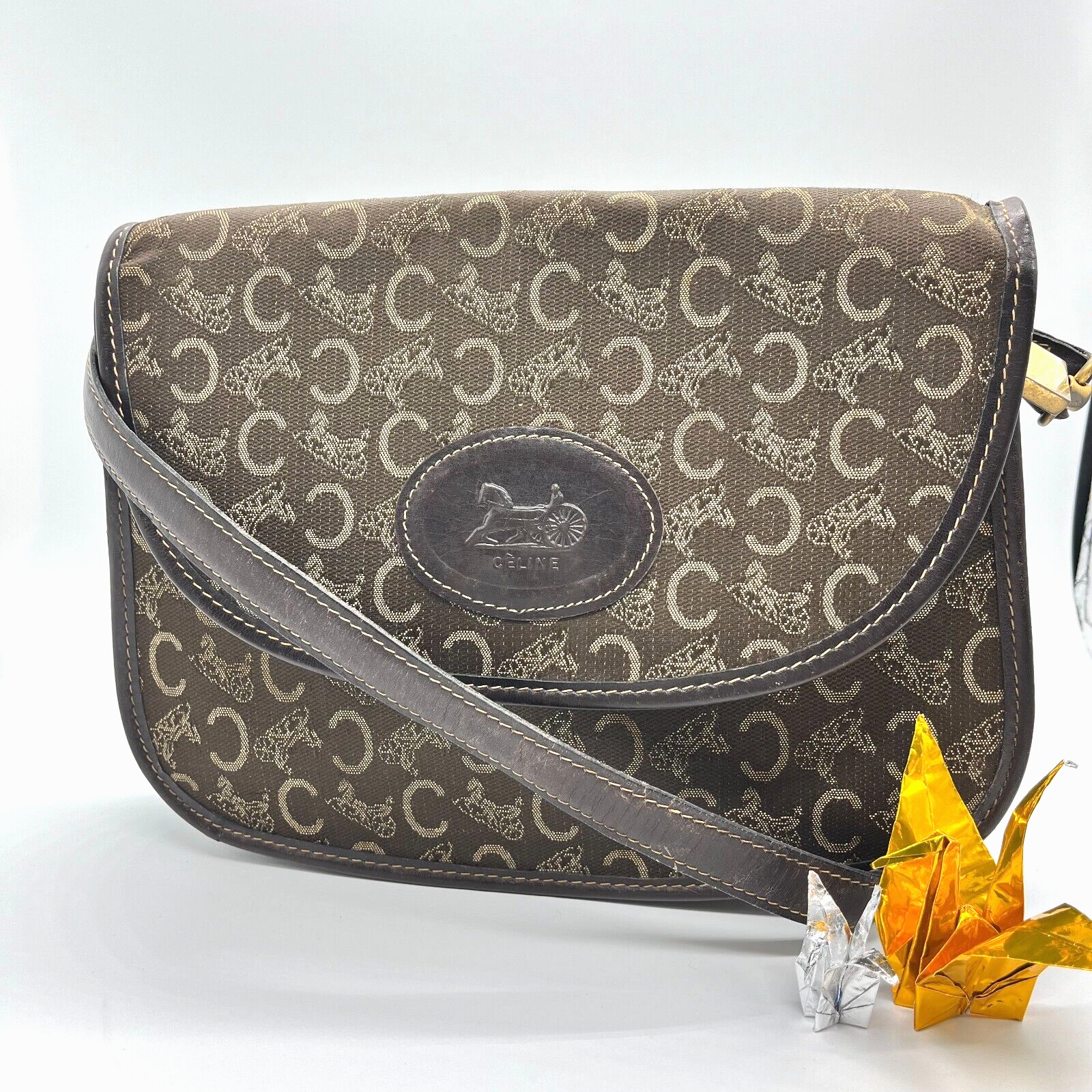 CELINE Shoulder Bag in Brown Macadam Canvas Authentic 0017