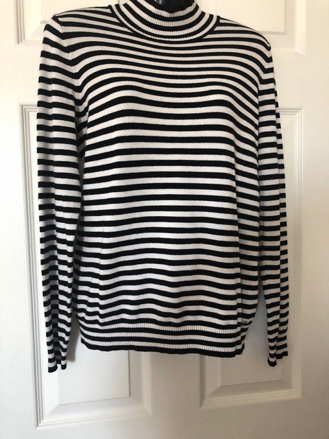 black and white striped mock neck