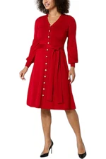 Nina Leonard Women's Balloon-Sleeve Belted Sweater Dress Red