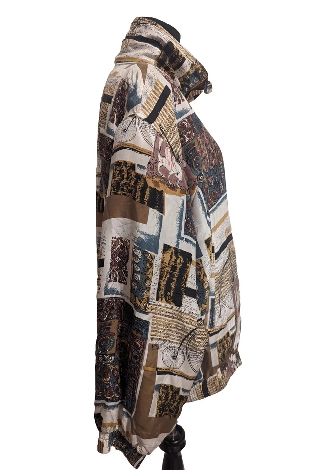 Chaqueta Bomber COACO Vintage Años 90 Seda Marrón Estampado Multi Abstracto Mujer’s Talla L Foto 4 de 4
