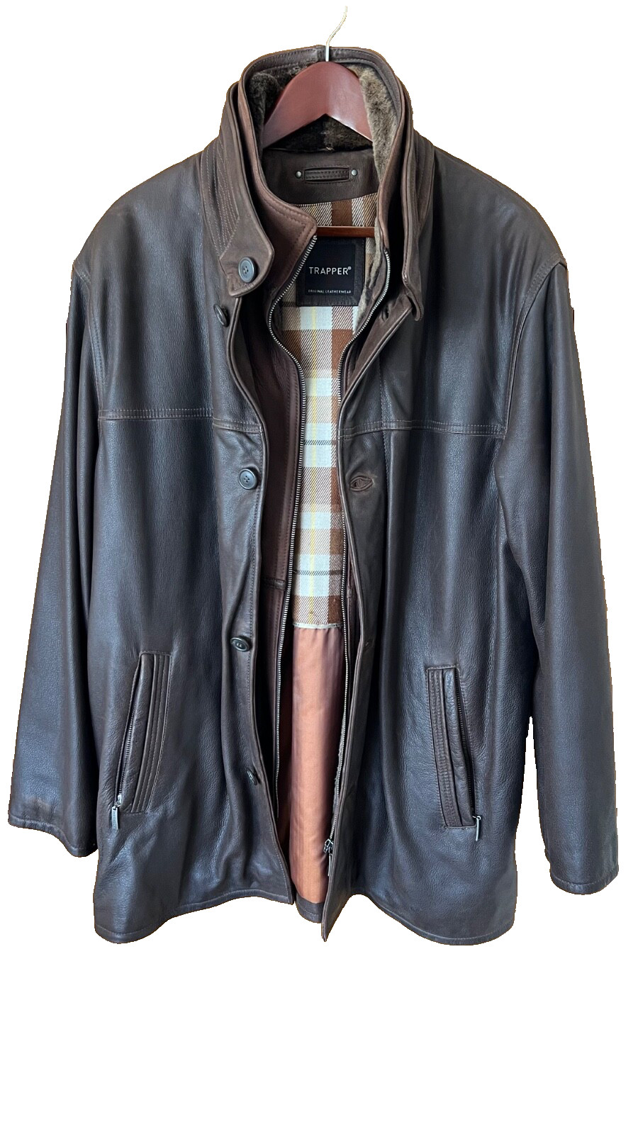 Trapper.de Leather Jacket/Overcoat with faux fur lining (Brown; UK44) - Vintage!