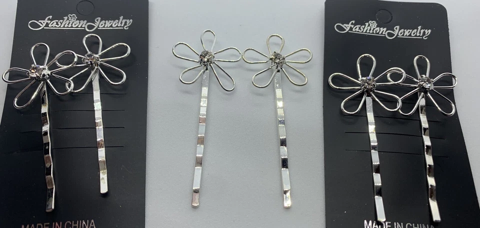 Open Flower Bobbie Pins Rhinestone Silver Plated 1 Pair Bridal Hair Accessory - Image 3 of 4