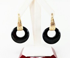 14 KT Gold Onyx Hand Chased Dangle Engraved Floral Pattern Earrings