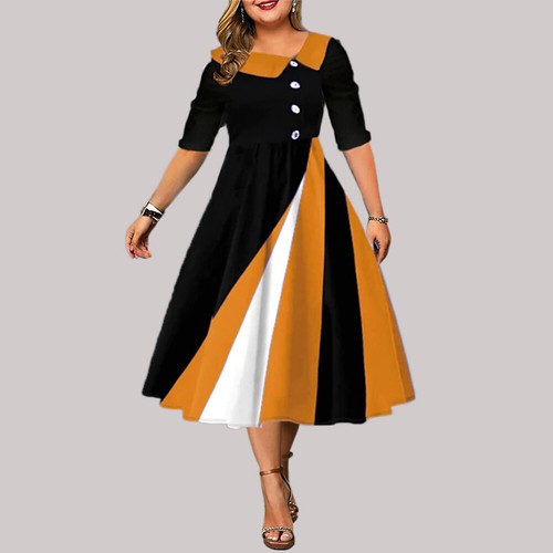 Plus Size Womens Patchwork 3/4 Sleeve Midi Dress Party Cocktail Button