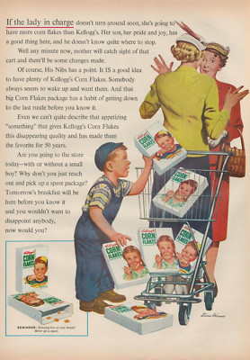 1955 Kellogg's Corn Flakes Cereal Little Boy Shopping Cart 2 Lady's Vtg Print Ad