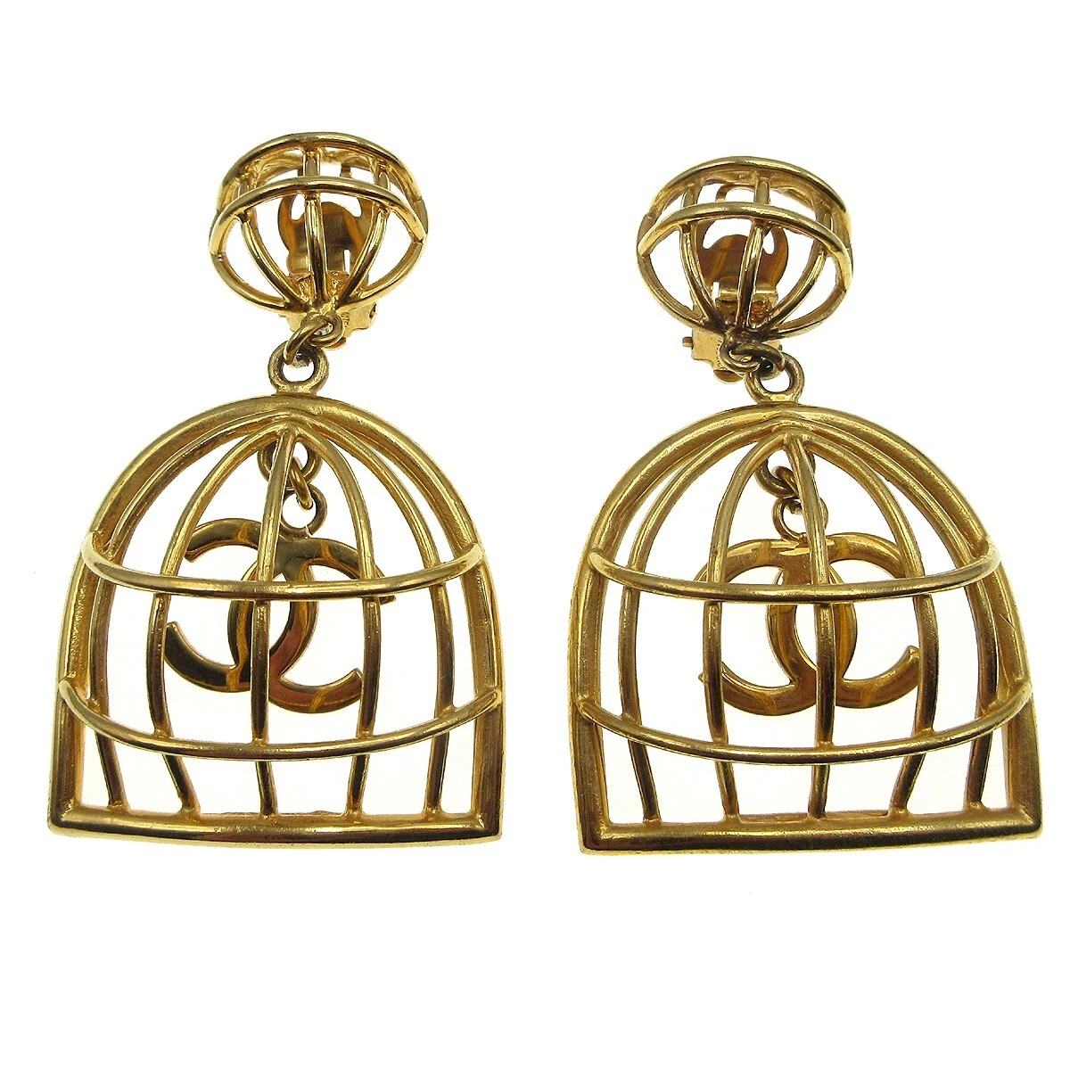 Chanel Cc Logos Birdcage Dangle Earrings Clip On Gold Plate 93p