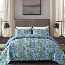 Teal Paisley Quilt Set Queen Size Boho Bedspread Set 3 Pieces, Soft Lightweight