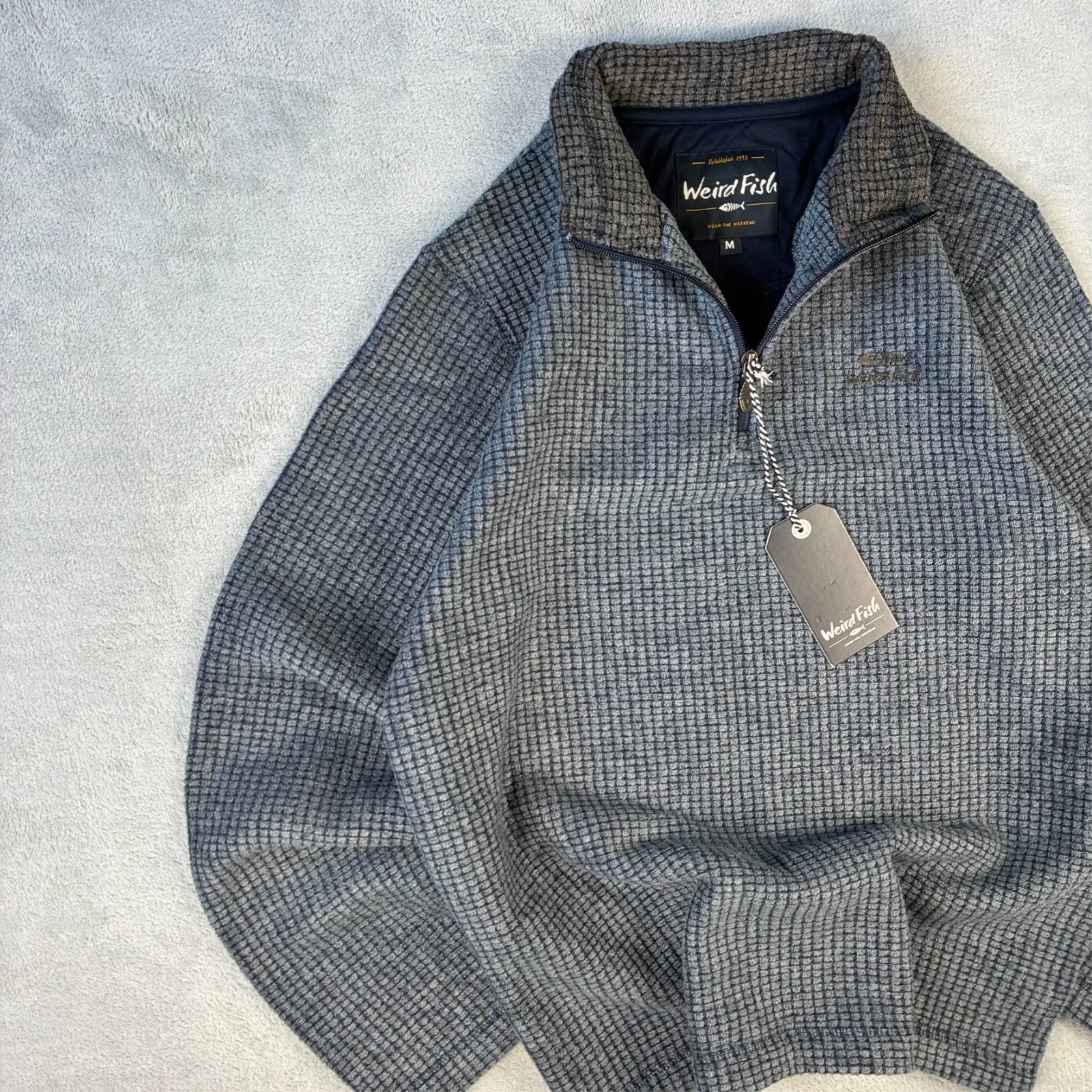 VTG Weird Fish Navy Blue Grey Waffle Fleece Size Medium 1/4 Quarter Zip Jumper image 2