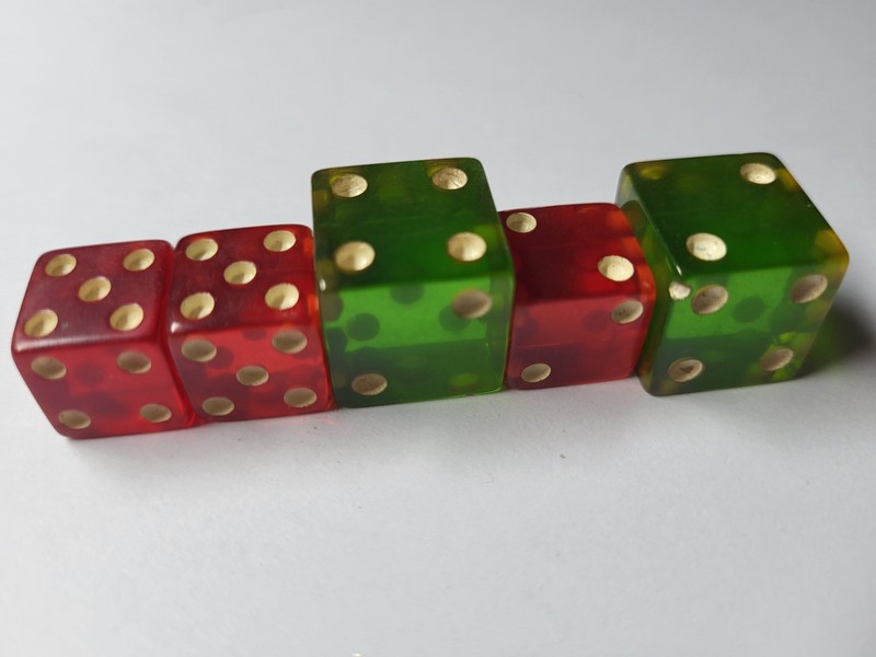 Vintage Translucent Green & Red Dice Bakelite??