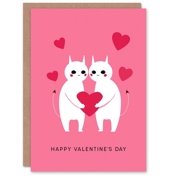 Two Cute Kawaii Cartoon Demons In Love Modern Fun Valentine's Day Card-image