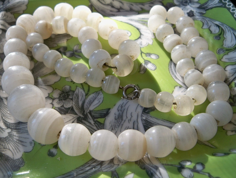 Vintage Victorian art nouveau silver CHAIN long necklace gem bead banded white