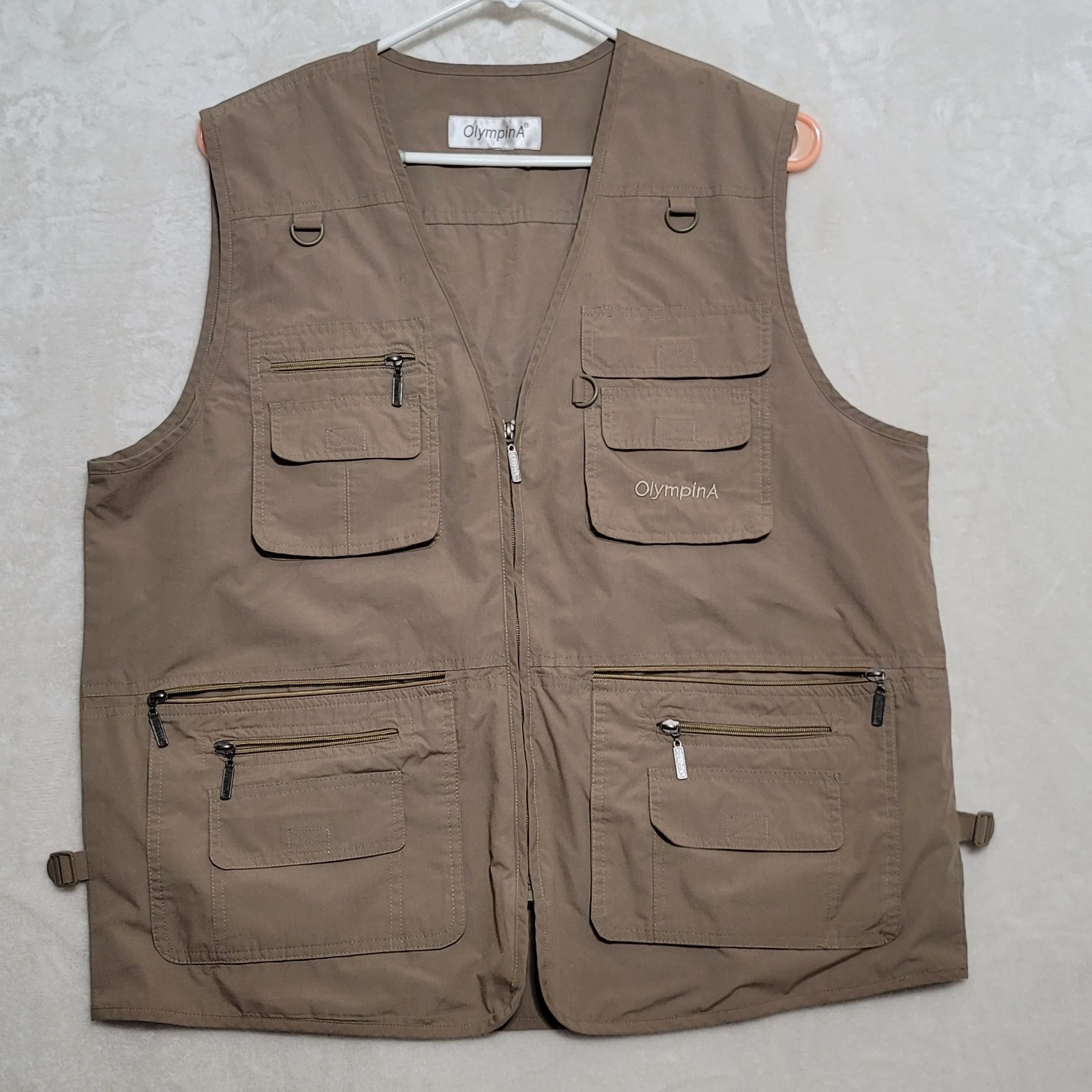 OlympinA Fishing Vest Mens Extra Large Khaki Utility Travel Multi Pocket Zip