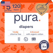 Pura Size 5 Eco-Friendly Diapers 24-35 Lbs Totally Chlorine Tcf Hypoallergenic
