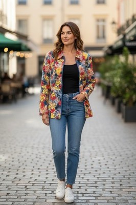 City Blues Koret Floral Zip Jacket Womens L Multicolor Cotton Stretch Spring