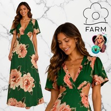 Farm Rio Womens Medium Amor de Rosa Green Floral Cut-Out Maxi Dress Low Back NEW