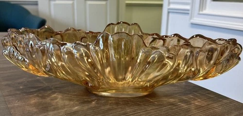 Vintage Carnival Glass 15” Long Jeanette Peach Orange Decorative Oval Bowl