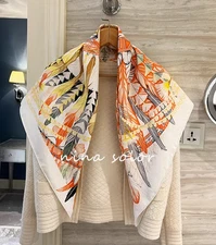 Pure 18 Momme Silk Wrap Scarf Bandanna Orange feather Print Square Shawl 86X86cm