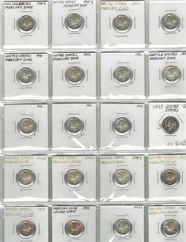 Lot of 20 Mercury Dimes (1939–1945, Mixed Mints) – Circulated F to EF