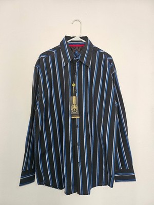 NWT Attitude Gold Mens Button Down Shirt XL Black Blue Silver Striped LS