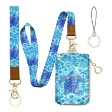 bolimoss Sea Turtle ID Badge Holder Lanyard Wallet - Leather Credit Card Holder