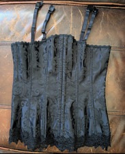 Frederick's of Hollywood Overbust Corset 34 Black Floral Jacquard Lace-Up 7000