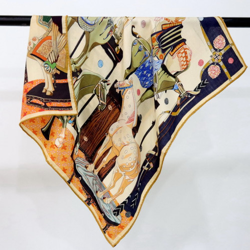 70% Cashmere 30% Silk 65X65cm Scarf Wrap Yellow horse Print Shawl Double Face