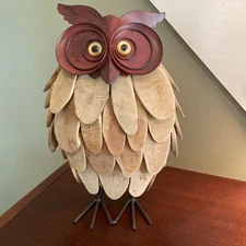 Unique Driftwood/ Metal Amber Color Eyes Owl Rustic/Primitive/Country Figurine