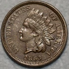About Uncirculated 1863 Indian Head Cent, Sharply Struck specimen.