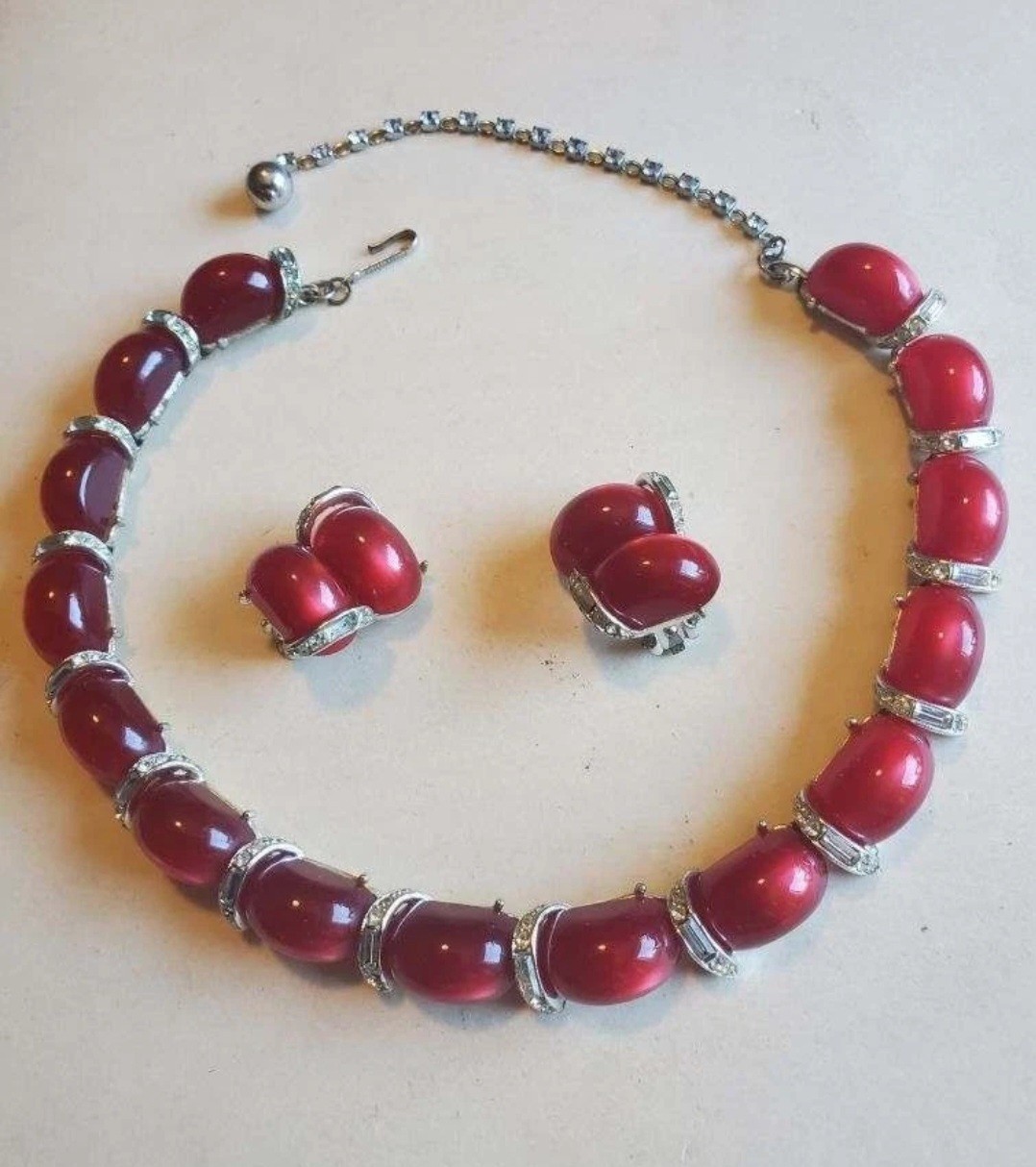 Kramer Necklace Earring Set w/ Ruby Red Moonglow … - image 1