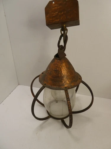 VINTAGE ARTS & CRAFTS BEATEN COPPER METAL PORCH LIGHT PENDANT LAMP SHADE